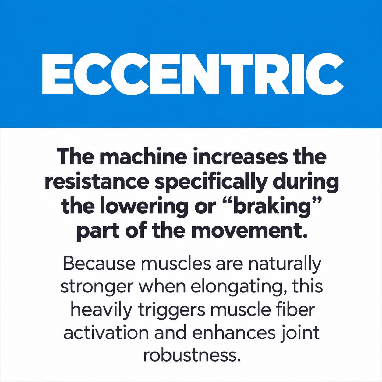 Zoom Fit Eccentric training method improving strength gains by alternating lower and higher resistance for enhanced fitness and injury prevention.